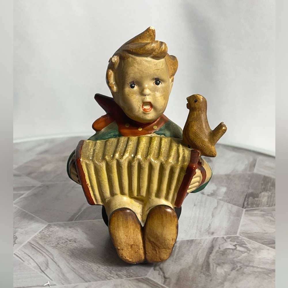 Vintage Hummel Reproduction Boy Accordion Figurine w/ Bird Hand-Painted 1950s